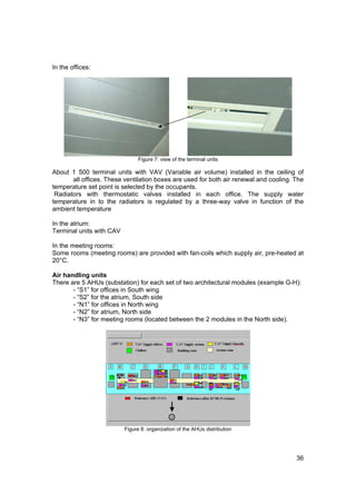 In the offices:




                                Figure 7: view of the terminal units

About 1 500 terminal units with VAV (Variable air volume) installed in the ceiling of
       all offices. These ventilation boxes are used for both air renewal and cooling. The
temperature set point is selected by the occupants.
 Radiators with thermostatic valves installed in each office. The supply water
temperature in to the radiators is regulated by a three-way valve in function of the
ambient temperature

In the atrium:
Terminal units with CAV

In the meeting rooms:
Some rooms (meeting rooms) are provided with fan-coils which supply air, pre-heated at
20°C.

Air handling units
There are 5 AHUs (substation) for each set of two architectural modules (example G-H):
       - “S1” for offices in South wing
       - “S2” for the atrium, South side
       - “N1” for offices in North wing
       - “N2” for atrium, North side
       - “N3” for meeting rooms (located between the 2 modules in the North side).




                          Figure 8: organization of the AHUs distribution




                                                                                       36
 