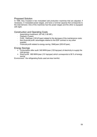 Proposed Solution
In 1996, they invested in two modulated cold production machines that are adjusted, if
necessary, in modulated power stages, and have a nominal capacity that corresponds to
the total demand. One of the machines has five power stages and the other is equipped
with eight.


Construction and Operating Costs
   -   Assembling investment: 247 k€ (1.80 MF);
   -   Payback: 6 years;
   -   Profit: 15k€/year (100 kF/year) related to the decrease of the maintenance costs;
   -   Non-financial profit: advantages relative to the EDF contract or any other
       supplier;
   -   Financial profit related to energy saving: 30k€/year (200 kF/year).

Energy Savings
       Consumption after audit: 540 MWh/year (120 tep/year) of electricity to supply the
       cold groups;
       Direct profit: 680 MWh/year (151 tep/year) which corresponds to 56 % of energy
       saving
Environment: the refrigerating fluids used are less harmful.




                                                                                      59
 