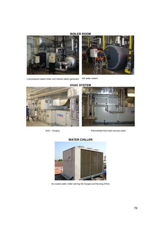 BOILER ROOM




Low-pressure steam boiler and indirect steam generator   Hot water boilers


                                            HVAC SYSTEM




                   AHU – Surgery                                  Intermediate-fluid heat recovery deck



                                           WATER CHILLER




                         Air-cooled water chiller serving the Surgery and Nursing AHUs




                                                                                                          79
 