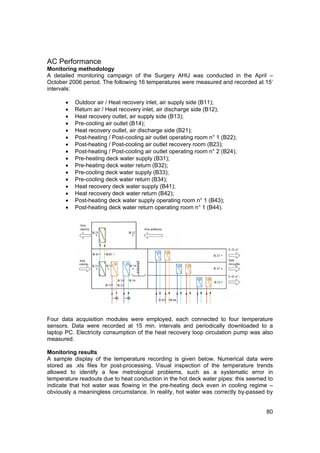 AC Performance
Monitoring methodology
A detailed monitoring campaign of the Surgery AHU was conducted in the April –
October 2006 period. The following 16 temperatures were measured and recorded at 15’
intervals:

       •   Outdoor air / Heat recovery inlet, air supply side (B11);
       •   Return air / Heat recovery inlet, air discharge side (B12);
       •   Heat recovery outlet, air supply side (B13);
       •   Pre-cooling air outlet (B14);
       •   Heat recovery outlet, air discharge side (B21);
       •   Post-heating / Post-cooling air outlet operating room n° 1 (B22);
       •   Post-heating / Post-cooling air outlet recovery room (B23);
       •   Post-heating / Post-cooling air outlet operating room n° 2 (B24);
       •   Pre-heating deck water supply (B31);
       •   Pre-heating deck water return (B32);
       •   Pre-cooling deck water supply (B33);
       •   Pre-cooling deck water return (B34);
       •   Heat recovery deck water supply (B41);
       •   Heat recovery deck water return (B42);
       •   Post-heating deck water supply operating room n° 1 (B43);
       •   Post-heating deck water return operating room n° 1 (B44).




Four data acquisition modules were employed, each connected to four temperature
sensors. Data were recorded at 15 min. intervals and periodically downloaded to a
laptop PC. Electricity consumption of the heat recovery loop circulation pump was also
measured.

Monitoring results
A sample display of the temperature recording is given below. Numerical data were
stored as .xls files for post-processing. Visual inspection of the temperature trends
allowed to identify a few metrological problems, such as a systematic error in
temperature readouts due to heat conduction in the hot deck water pipes: this seemed to
indicate that hot water was flowing in the pre-heating deck even in cooling regime –
obviously a meaningless circumstance. In reality, hot water was correctly by-passed by


                                                                                    80
 