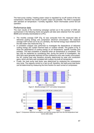 The heat pump cooling / heating power output is regulated by on-off control of the two
compressors: therefore two levels of power output are possible. The AHU is equipped
with standard air temperature / humidity regulation. Room thermostats control fan-coil
operation.

Performance data
The main results of the monitoring campaign carried out in the summer of 2006 are
summarized in the following charts and graphs (all data were obtained from the system
BEMS and remotely downloaded on a PC):

•    The monthly average COP (Fig. 6) was computed from the measured data of
     delivered cooling energy and compressor electrical consumption; the seasonal
     average COP turned out to be 3.9. Similarly, the thermal energy input obtained from
     the lake water was measured (Fig. 7).
•    A correlation analysis was performed to investigate the dependence of delivered
     cooling energy (AC system thermal load) on outdoor climate. The graphs of fig. 8
     show the dependence of cooling energy on air temperature, specific humidity and
     enthalpy. The best correlation is obtained when air temperature is considered. This
     fact may be explained by considering that, during the period of investigation, the
     AHU fans were generally switched off (the conference room was mostly unoccupied):
     the AC cooling load was therefore primarily determined by solar and conduction
     gains, which are fairly well correlated with outdoor dry-bulb air temperature.
•    Finally, the heat pump load factor was determined by analysing the compressors
     duty cycle. The capacity control is in fact on-off: therefore, the heat pump load factor
     can be determined by measuring the time fraction for each turned on compressor.




                        Figure 6 - Monthly average C.O.P. and outdoor temperature




    Figure 7 -Compressor electrical consumption and thermal energy input from the low-temperature heat
                                           source (lake water)




                                                                                                         87
 