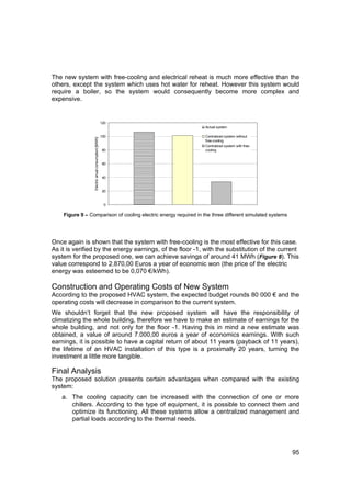 The new system with free-cooling and electrical reheat is much more effective than the
others, except the system which uses hot water for reheat. However this system would
require a boiler, so the system would consequently become more complex and
expensive.


                                                     120
                                                                  Actual system

                                                     100          Centralized system without
                 Electric anual consumptionl [MWh]




                                                                  free-cooling
                                                                  Centralized system with free-
                                                     80           cooling


                                                     60


                                                     40


                                                     20


                                                      0

    Figure 9 – Comparison of cooling electric energy required in the three different simulated systems




Once again is shown that the system with free-cooling is the most effective for this case.
As it is verified by the energy earnings, of the floor -1, with the substitution of the current
system for the proposed one, we can achieve savings of around 41 MWh (Figure 8). This
value correspond to 2.870,00 Euros a year of economic won (the price of the electric
energy was esteemed to be 0,070 €/kWh).

Construction and Operating Costs of New System
According to the proposed HVAC system, the expected budget rounds 80 000 € and the
operating costs will decrease in comparison to the current system.
We shouldn’t forget that the new proposed system will have the responsibility of
climatizing the whole building, therefore we have to make an estimate of earnings for the
whole building, and not only for the floor -1. Having this in mind a new estimate was
obtained, a value of around 7.000,00 euros a year of economics earnings. With such
earnings, it is possible to have a capital return of about 11 years (payback of 11 years),
the lifetime of an HVAC installation of this type is a proximally 20 years, turning the
investment a little more tangible.

Final Analysis
The proposed solution presents certain advantages when compared with the existing
system:
   a. The cooling capacity can be increased with the connection of one or more
      chillers. According to the type of equipment, it is possible to connect them and
      optimize its functioning. All these systems allow a centralized management and
      partial loads according to the thermal needs.




                                                                                                         95
 