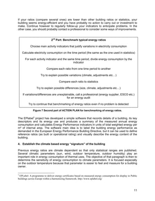 If your ratios (compare several ones) are lower than other building ratios or statistics, your
building seems energy-efficient and you have probably no action to carry out or investment to
make. Continue however to regularly follow-up your indicators to anticipate problems. In the
other case, you should probably contact a professional to consider some ways of improvements.


                               2nd Part: Benchmark typical energy ratios

           Choose main activity indicators that justify variations in electricity consumption

    Calculate electricity consumption on the time period (the same as the one used in statistics)

      For each activity indicator and the same time period, divide energy consumption by the
                                             indicator

                          Compare each ratio from one time period to another

                     Try to explain possible variations (climate, adjustments etc…)

                                      Compare each ratio to statistics

                 Try to explain possible differences (size, climate, adjustments etc…)

    If variations/differences are unexplainable, call a professional (energy supplier, ESCO etc.)
                                         for an energy audit

         Try to continue that benchmarking of energy ratios even if no problem is detected

              Figure 7 Second part of ACTION PLAN for benchmarking of energy ratios.


The EPlabel3 project has developed a simple software that records details of a building, its key
descriptors and its energy use and produces a summary of the measured annual energy
consumption and calculates Energy Performance indicators in units of total weighted energy per
m² of internal area. The software main idea is to label the building energy performance as
demanded in the European Energy Performance Building Directive, but it can be used to define
reference ratios (as built or operational rating) and visually describe the energy content of the
building.

4. Establish the climate based energy “signature” of the building

Previous energy ratios are climate dependent so that only statistical ranges are published.
Several climatic parameters (sun, wind, outdoor temperature, outdoor humidity) play an
important role in energy consumption of thermal uses. The objective of that paragraph is then to
determine the sensitivity of energy consumption to climate parameters. It is focused especially
on the outdoor temperature because that parameter is easier to feel and measure for a building
owner.

3
 EPLabel: A programme to deliver energy certificates based on measured energy consumption for display in Public
buildings across Europe within a harmonizing framework. http://www.eplabel.org/



                                                                                                            11
 