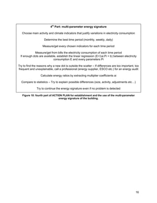 4th Part: multi-parameter energy signature

   Choose main activity and climate indicators that justify variations in electricity consumption

                     Determine the best time period (monthly, weekly, daily)

                    Measure/get every chosen indicators for each time period

            Measure/get from bills the electricity consumption of each time period
 If enough dots are available, establish the linear regression (E=Σai.Pi + b) between electricity
                            consumption E and every parameters Pi

Try to find the reasons why a new dot is outside the scatter – If differences are too important, too
frequent and unexplainable, call a professional (energy supplier, ESCO etc.) for an energy audit

                  Calculate energy ratios by extracting multiplier coefficients ai

  Compare to statistics – Try to explain possible differences (size, activity, adjustments etc…)

               Try to continue the energy signature even if no problem is detected

   Figure 10: fourth part of ACTION PLAN for establishment and the use of the multi-parameter
                                 energy signature of the building.




                                                                                                    16
 