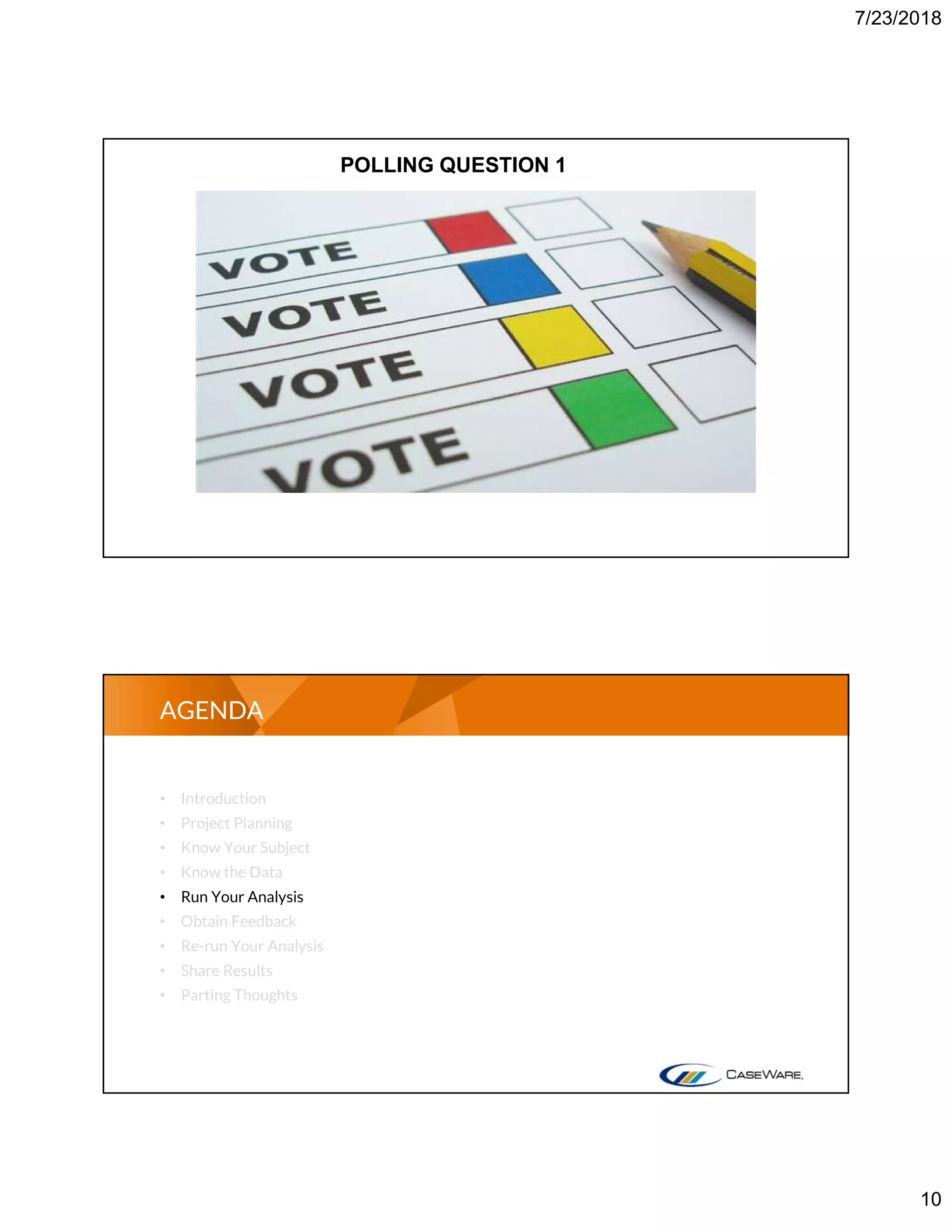 7/23/2018
10
POLLING QUESTION 1
• Introduction
• Project Planning
• Know Your Subject
• Know the Data
• Run Your Analysis
• Obtain Feedback
• Re-run Your Analysis
• Share Results
• Parting Thoughts
AGENDA
 