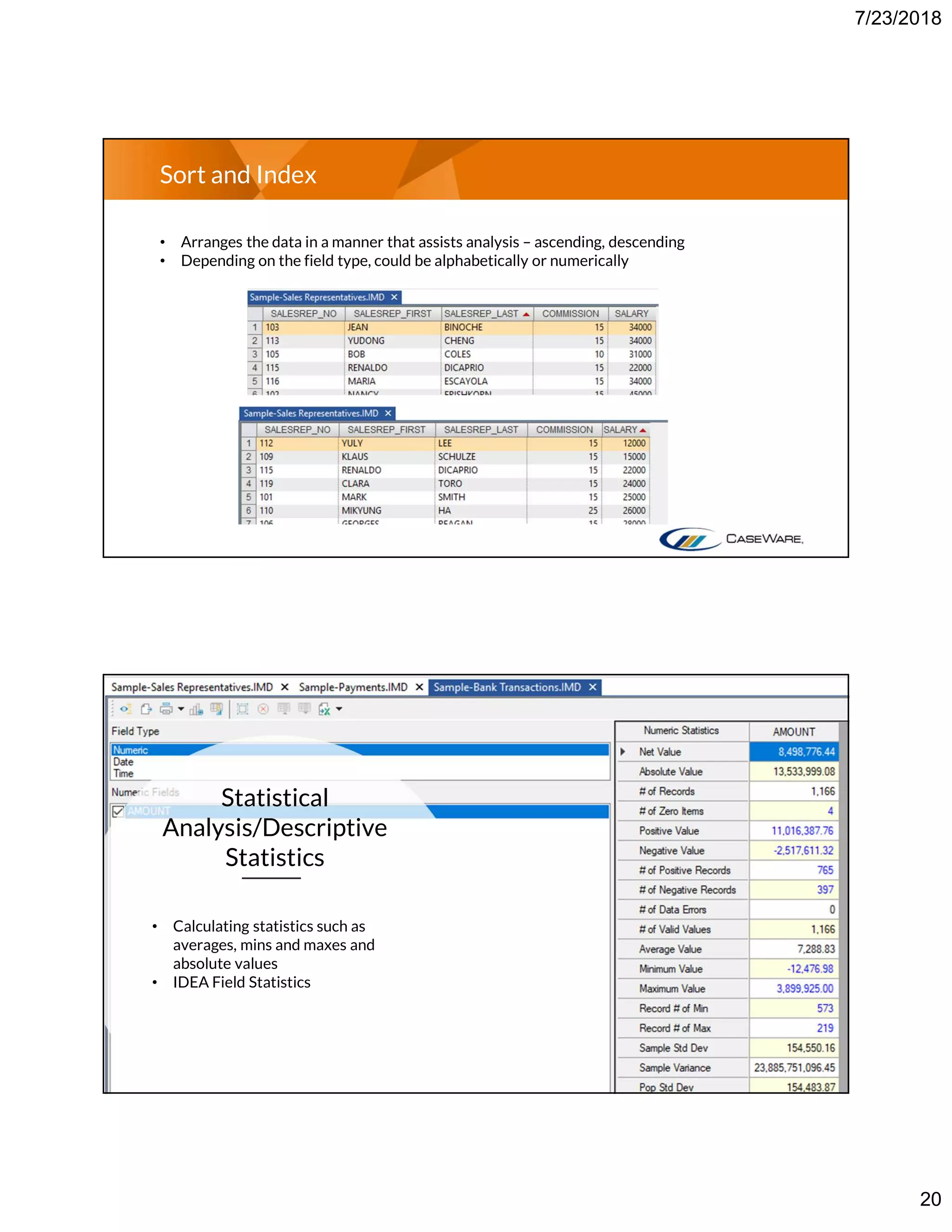 7/23/2018
20
Sort and Index
• Arranges the data in a manner that assists analysis – ascending, descending
• Depending on the field type, could be alphabetically or numerically
Statistical
Analysis/Descriptive
Statistics
• Calculating statistics such as
averages, mins and maxes and
absolute values
• IDEA Field Statistics
 