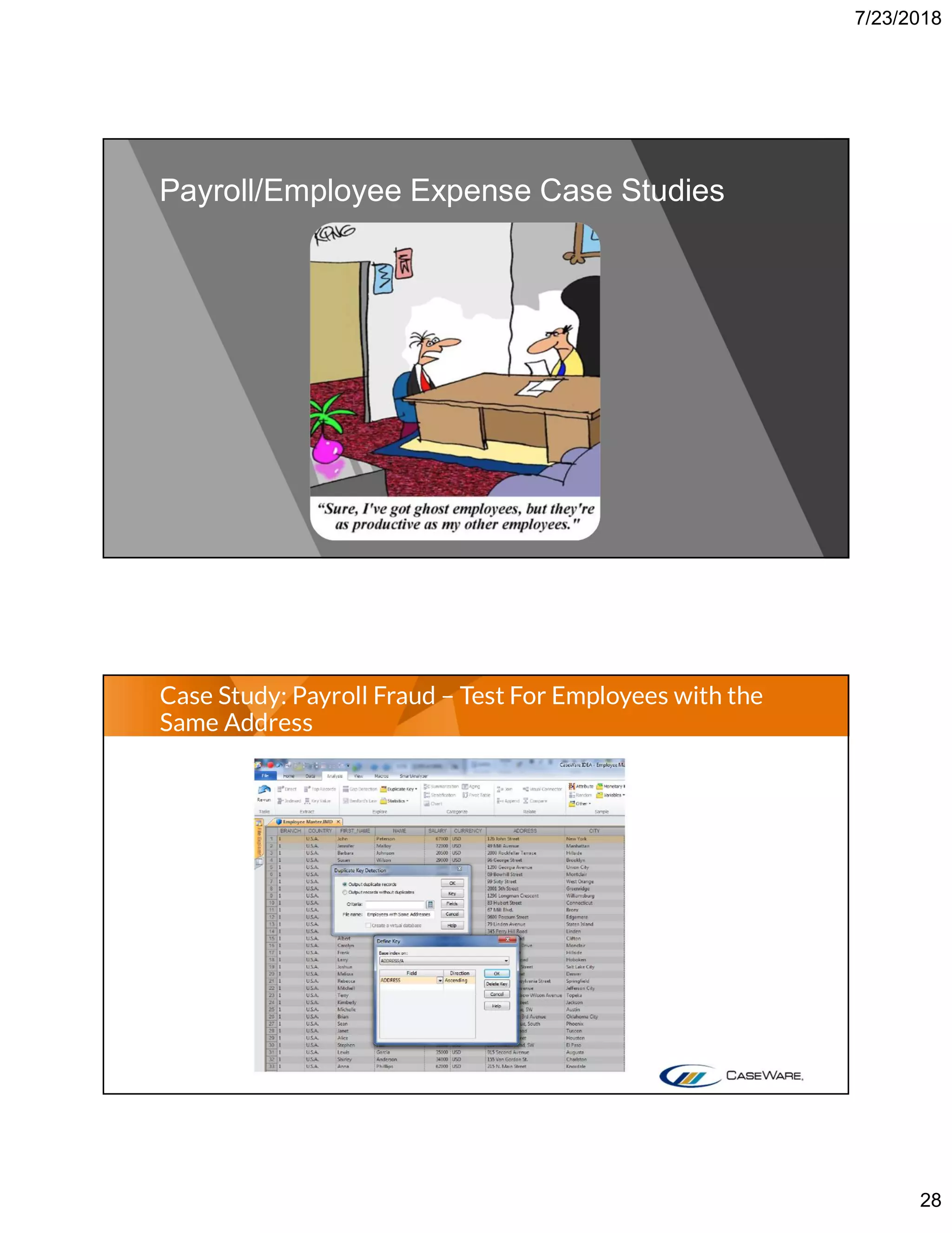 7/23/2018
28
Payroll/Employee Expense Case Studies
Case Study: Payroll Fraud – Test For Employees with the
Same Address
 