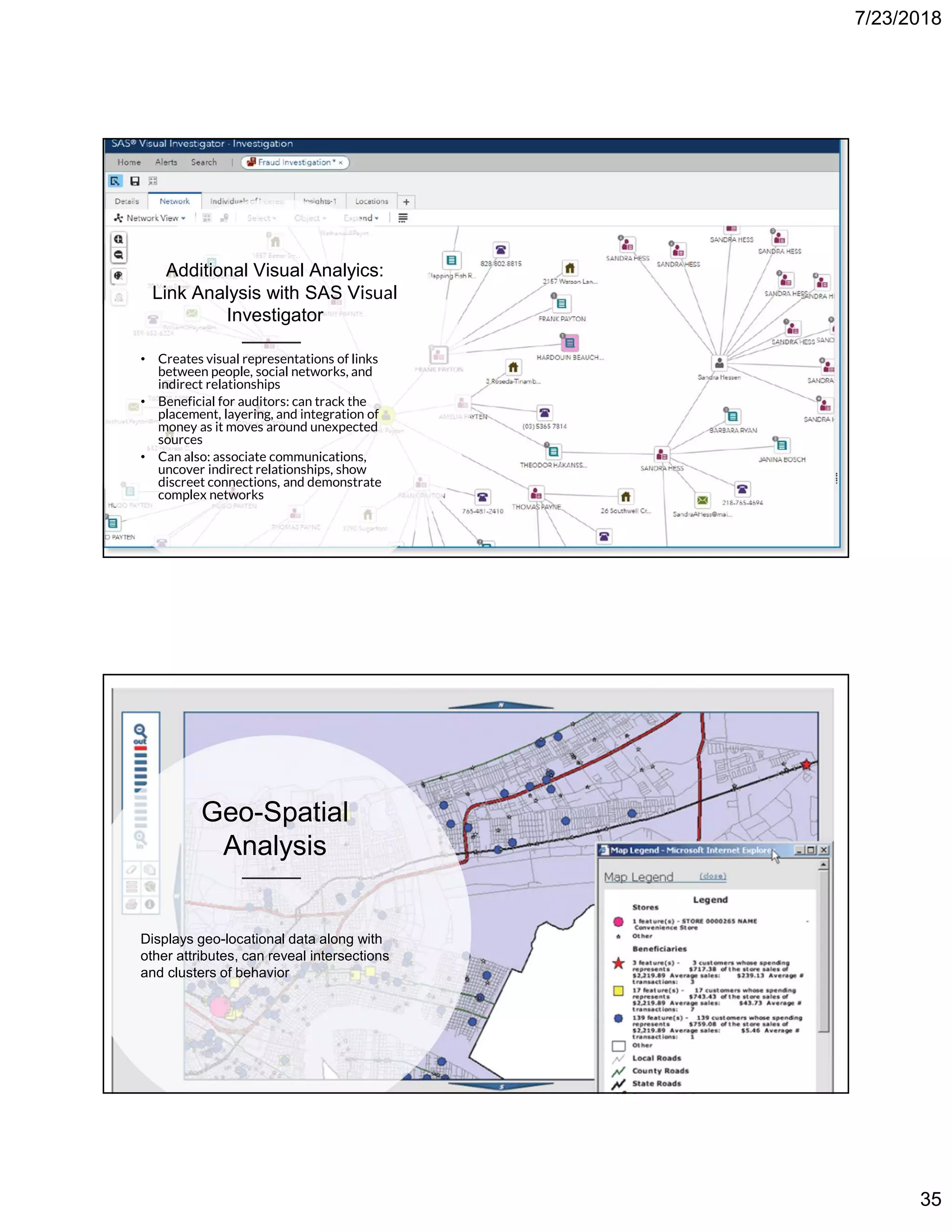 7/23/2018
35
Additional Visual Analyics:
Link Analysis with SAS Visual
Investigator
• Creates visual representations of links
between people, social networks, and
indirect relationships
• Beneficial for auditors: can track the
placement, layering, and integration of
money as it moves around unexpected
sources
• Can also: associate communications,
uncover indirect relationships, show
discreet connections, and demonstrate
complex networks
Geo-Spatial
Analysis
Displays geo-locational data along with
other attributes, can reveal intersections
and clusters of behavior
 