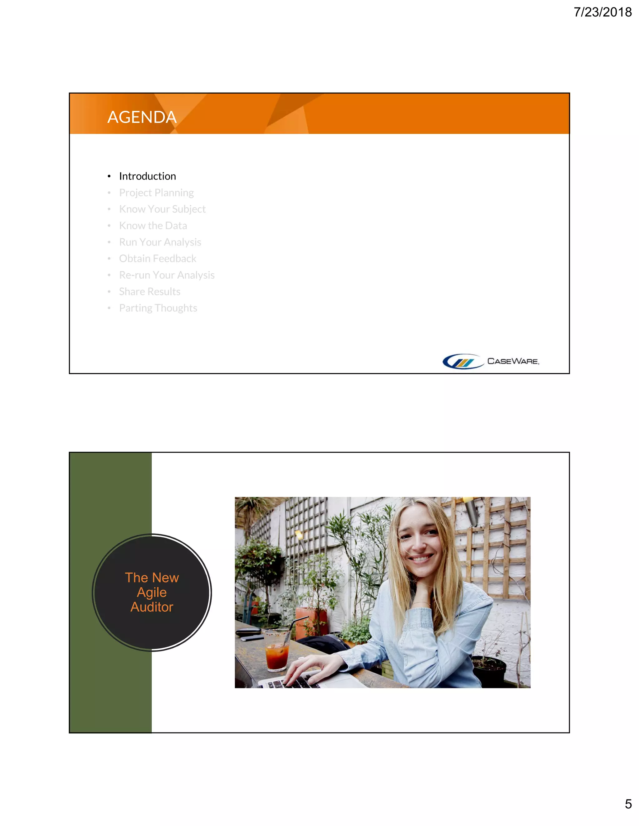 7/23/2018
5
• Introduction
• Project Planning
• Know Your Subject
• Know the Data
• Run Your Analysis
• Obtain Feedback
• Re-run Your Analysis
• Share Results
• Parting Thoughts
AGENDA
The New
Agile
Auditor
 