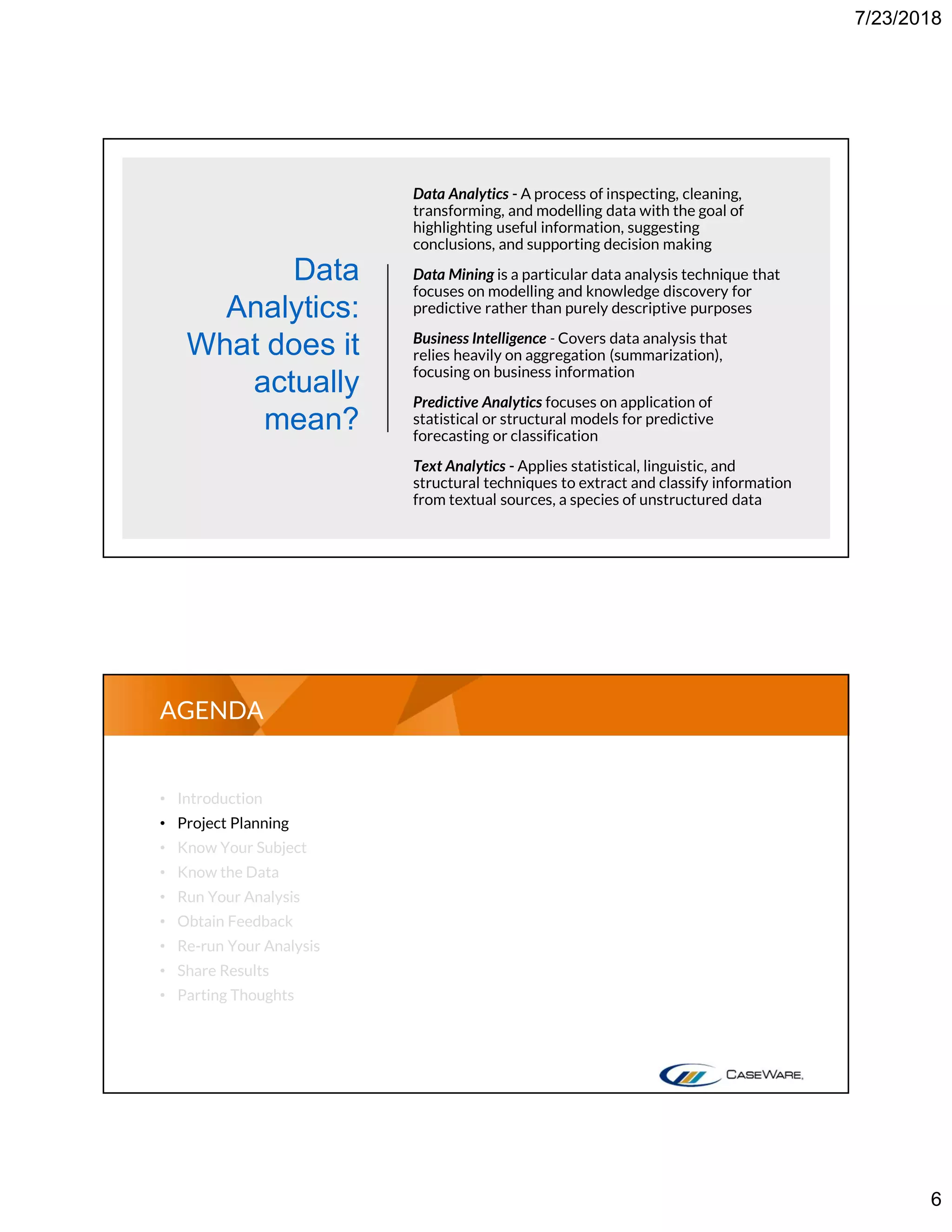 7/23/2018
6
Data
Analytics:
What does it
actually
mean?
Data Analytics - A process of inspecting, cleaning,
transforming, and modelling data with the goal of
highlighting useful information, suggesting
conclusions, and supporting decision making
Data Mining is a particular data analysis technique that
focuses on modelling and knowledge discovery for
predictive rather than purely descriptive purposes
Business Intelligence - Covers data analysis that
relies heavily on aggregation (summarization),
focusing on business information
Predictive Analytics focuses on application of
statistical or structural models for predictive
forecasting or classification
Text Analytics - Applies statistical, linguistic, and
structural techniques to extract and classify information
from textual sources, a species of unstructured data
• Introduction
• Project Planning
• Know Your Subject
• Know the Data
• Run Your Analysis
• Obtain Feedback
• Re-run Your Analysis
• Share Results
• Parting Thoughts
AGENDA
 