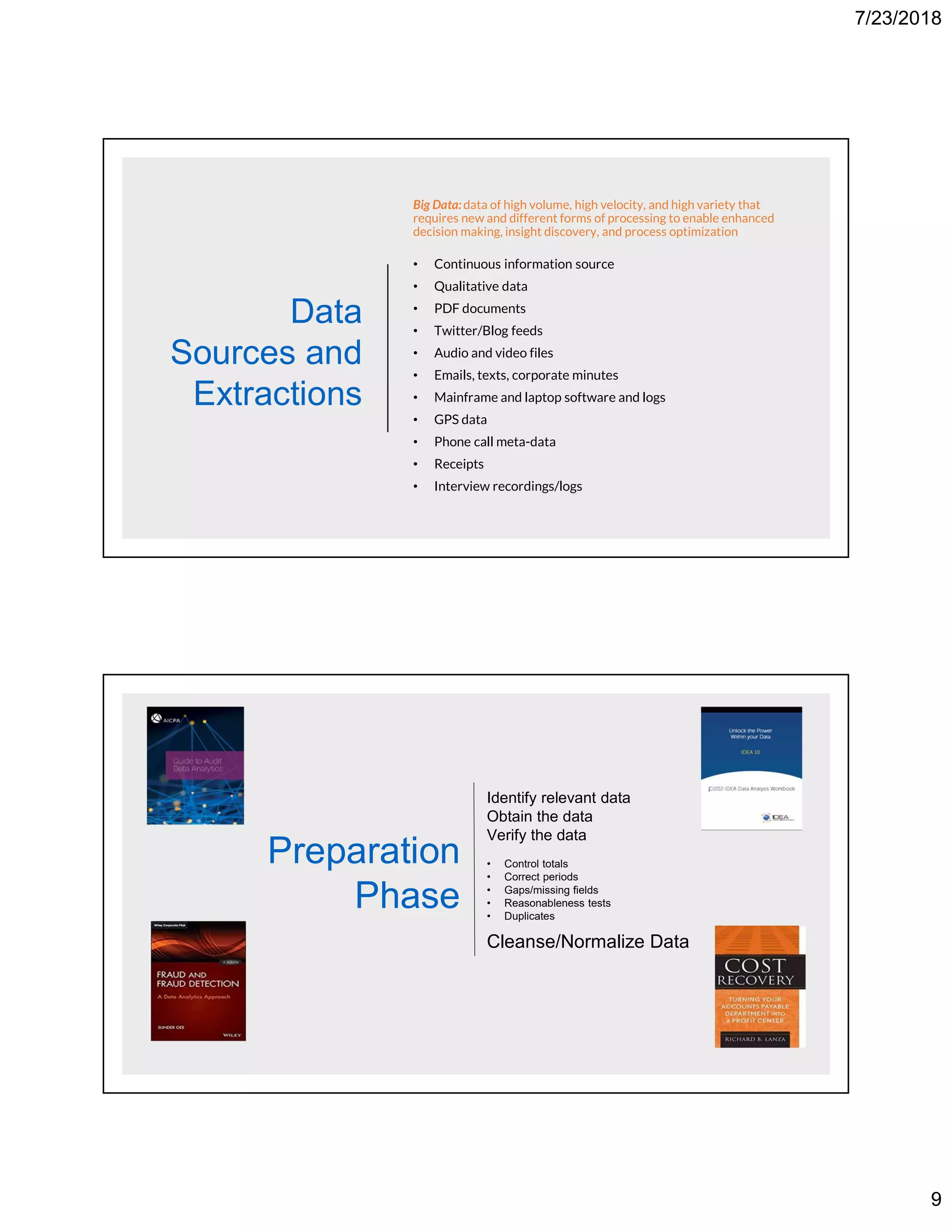 7/23/2018
9
Data
Sources and
Extractions
Big Data: data of high volume, high velocity, and high variety that
requires new and different forms of processing to enable enhanced
decision making, insight discovery, and process optimization
• Continuous information source
• Qualitative data
• PDF documents
• Twitter/Blog feeds
• Audio and video files
• Emails, texts, corporate minutes
• Mainframe and laptop software and logs
• GPS data
• Phone call meta-data
• Receipts
• Interview recordings/logs
Preparation
Phase
Identify relevant data
Obtain the data
Verify the data
• Control totals
• Correct periods
• Gaps/missing fields
• Reasonableness tests
• Duplicates
Cleanse/Normalize Data
 