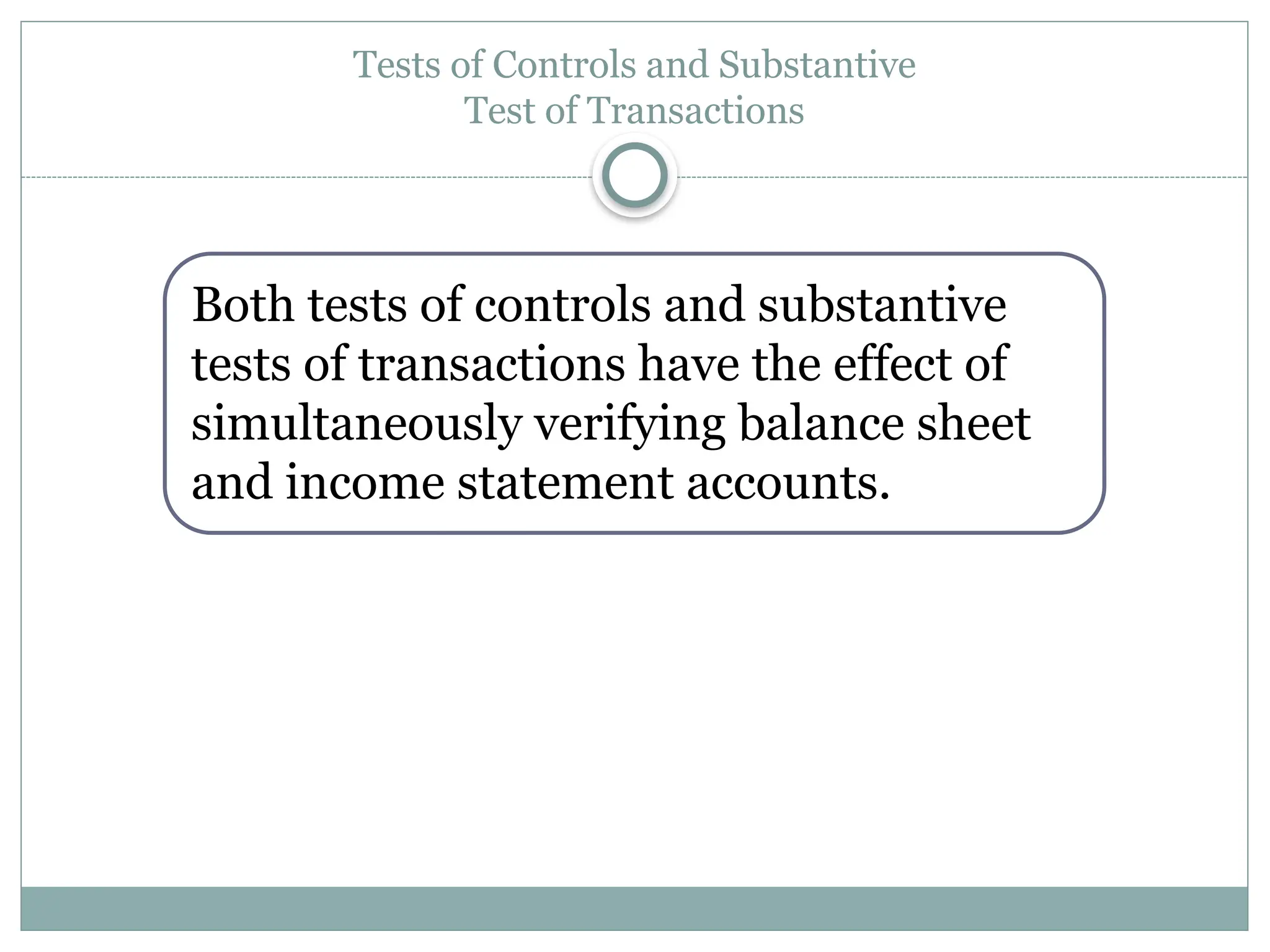 Tests of Controls and Substantive
Test of Transactions
Both tests of controls and substantive
tests of transactions have the effect of
simultaneously verifying balance sheet
and income statement accounts.
 