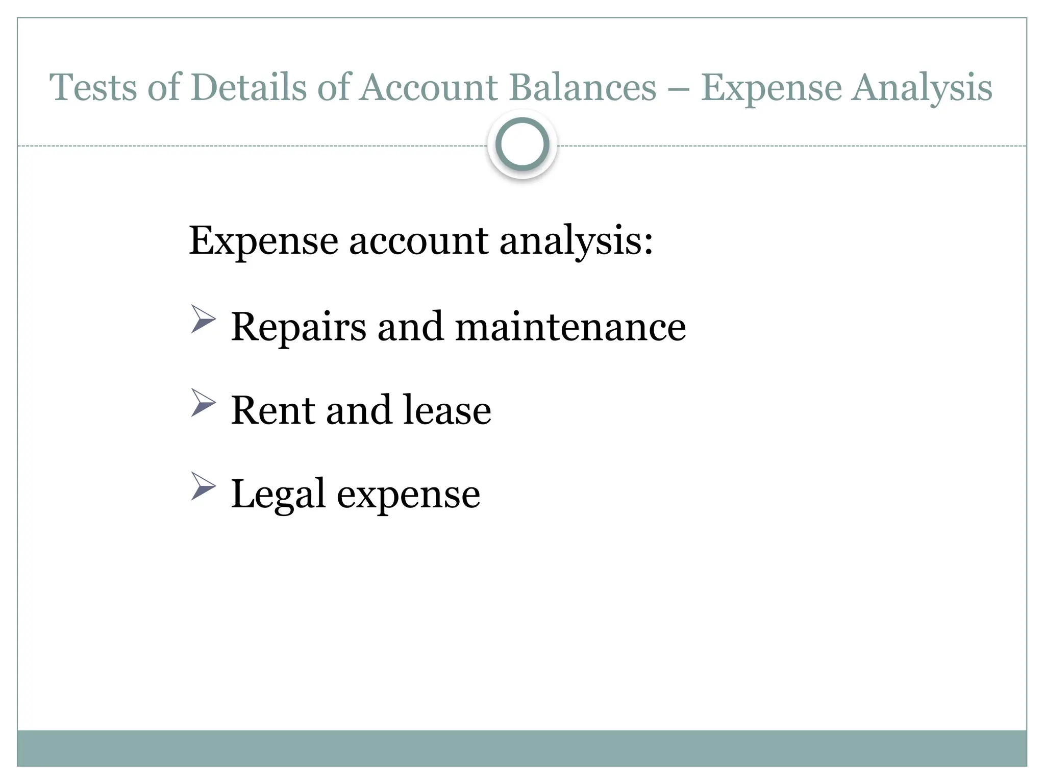 Tests of Details of Account Balances – Expense Analysis
Expense account analysis:
 Repairs and maintenance
 Rent and lease
 Legal expense
 
