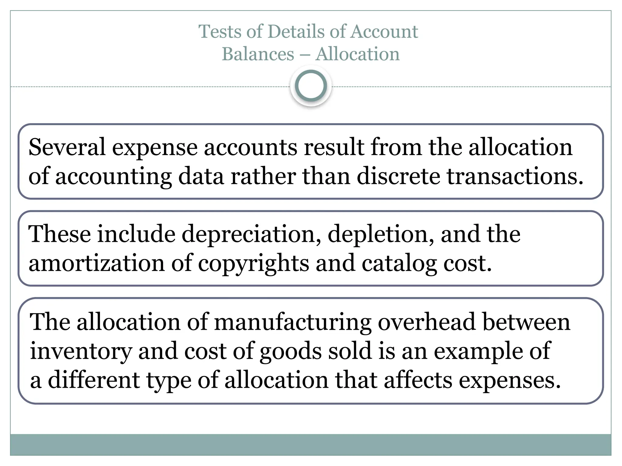 Tests of Details of Account
Balances – Allocation
Several expense accounts result from the allocation
of accounting data rather than discrete transactions.
These include depreciation, depletion, and the
amortization of copyrights and catalog cost.
The allocation of manufacturing overhead between
inventory and cost of goods sold is an example of
a different type of allocation that affects expenses.
 