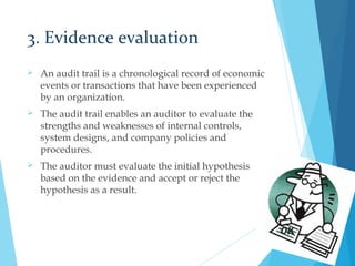 3. Evidence evaluation
 An audit trail is a chronological record of economic
events or transactions that have been experienced
by an organization.
 The audit trail enables an auditor to evaluate the
strengths and weaknesses of internal controls,
system designs, and company policies and
procedures.
 The auditor must evaluate the initial hypothesis
based on the evidence and accept or reject the
hypothesis as a result. 
8
 