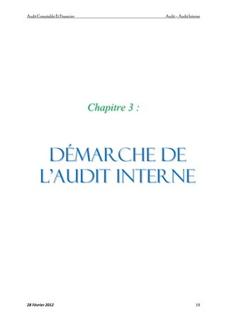 AuditComptable Et Financier Audit – Audit Interne
28 Février 2012 19
C
Ch
ha
ap
pi
it
tr
re
e 3
3 :
:
D
Dé
ém
ma
ar
rc
ch
he
e d
de
e
l
l’
’A
Au
ud
di
it
t i
in
nt
te
er
rn
ne
e
 
