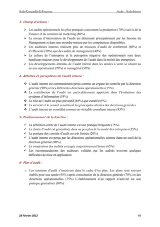 AuditComptable Et Financier Audit – Audit Interne
28 Février 2012 49
3- Champ d’actions :
 Les audits opérationnels les plus pratiqués concernent la production (70%) suivis de la
Finance et du commercial marketing (60%)
 Le niveau d’intervention de l’audit est déterminé principalement par les besoins du
Management et dans une moindre mesure par les compétences disponibles.
 Les auditeurs internes réalisent plus de missions d’audit de conformité (80%) et
d’efficacité (70%) que des audits de management (40%)
 La culture de l’entreprise et la perception négative des opérationnels sont deux
handicaps majeurs pour le développement de l’audit dans la moitié des entreprises.
 Les développements attendus de l’audit interne dans les années à venir se situent au
niveau opérationnel (70%) et managérial (50%)
4- Attentes et perceptions de l’audit interne :
 L’audit interne est communément perçu comme un organe de contrôle par la direction
générale (90%) et les différentes directions opérationnelles (15%)
 La contribution de l’audit est particulièrement appréciée dans l’évaluation des
systèmes d’information (55%)
 Le rôle de l’audit est plus préventif (85%) que curatif (65%)
 La sécurité et le conseil constituent les principales attentes des directions générales
 L’audit interne est considéré comme un véritable consultant interne (85%)
5- Positionnement de la fonction :
 La définition écrite de l’audit interne est une pratique fréquente (75%)
 La charte d’audit est généralisée dans un peu plus de la moitié des entreprises (55%)
 La pratique des comités d’audit est très limitée (20%)
 L’audit interne est perçu par les directions opérationnelles comme étant un outil de la
direction générale (90%)
 La coopération des audités est jugée majoritairement bonne (65%)
 Les recommandations des auditeurs validées par les audités trouvent quelques
difficultés de mise en application
6- Plan d’audit :
o Les missions d’audit s’inscrivent dans le cadre d’un plan. Les plans sont souvent
établis pour une année (95%) après consultation de la direction générale (70%) et des
directions opérationnelles (75%) L’établissement d’un rapport d’activité est une
pratique généralisée (80%).
 