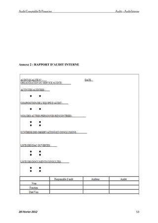 AuditComptable Et Financier Audit – Audit Interne
28 Février 2012 53
Annexe 2 : RAPPORT D’AUDIT INTERNE
 