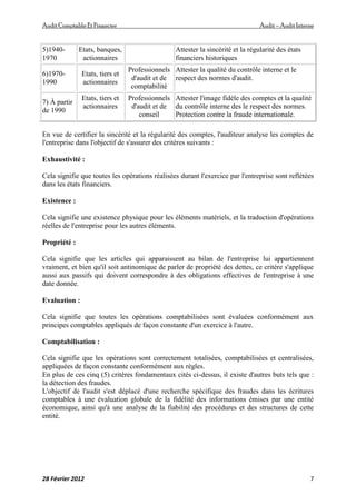 AuditComptable Et Financier Audit – Audit Interne
28 Février 2012 7
5)1940-
1970
Etats, banques,
actionnaires
Attester la sincérité et la régularité des états
financiers historiques
6)1970-
1990
Etats, tiers et
actionnaires
Professionnels
d'audit et de
comptabilité
Attester la qualité du contrôle interne et le
respect des normes d'audit.
7) À partir
de 1990
Etats, tiers et
actionnaires
Professionnels
d'audit et de
conseil
Attester l'image fidèle des comptes et la qualité
du contrôle interne des le respect des normes.
Protection contre la fraude internationale.
En vue de certifier la sincérité et la régularité des comptes, l'auditeur analyse les comptes de
l'entreprise dans l'objectif de s'assurer des critères suivants :
Exhaustivité :
Cela signifie que toutes les opérations réalisées durant l'exercice par l'entreprise sont reflétées
dans les états financiers.
Existence :
Cela signifie une existence physique pour les éléments matériels, et la traduction d'opérations
réelles de l'entreprise pour les autres éléments.
Propriété :
Cela signifie que les articles qui apparaissent au bilan de l'entreprise lui appartiennent
vraiment, et bien qu'il soit antinomique de parler de propriété des dettes, ce critère s'applique
aussi aux passifs qui doivent correspondre à des obligations effectives de l'entreprise à une
date donnée.
Evaluation :
Cela signifie que toutes les opérations comptabilisées sont évaluées conformément aux
principes comptables appliqués de façon constante d'un exercice à l'autre.
Comptabilisation :
Cela signifie que les opérations sont correctement totalisées, comptabilisées et centralisées,
appliquées de façon constante conformément aux règles.
En plus de ces cinq (5) critères fondamentaux cités ci-dessus, il existe d'autres buts tels que :
la détection des fraudes.
L'objectif de l'audit s'est déplacé d'une recherche spécifique des fraudes dans les écritures
comptables à une évaluation globale de la fidélité des informations émises par une entité
économique, ainsi qu'à une analyse de la fiabilité des procédures et des structures de cette
entité.
 