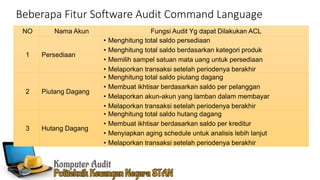 Beberapa Fitur Software Audit Command Language
NO Nama Akun Fungsi Audit Yg dapat Dilakukan ACL
1 Persediaan
• Menghitung total saldo persediaan
• Menghitung total saldo berdasarkan kategori produk
• Memilih sampel satuan mata uang untuk persediaan
• Melaporkan transaksi setelah periodenya berakhir
2 Piutang Dagang
• Menghitung total saldo piutang dagang
• Membuat ikhtisar berdasarkan saldo per pelanggan
• Melaporkan akun-akun yang lamban dalam membayar
• Melaporkan transaksi setelah periodenya berakhir
3 Hutang Dagang
• Menghitung total saldo hutang dagang
• Membuat ikhtisar berdasarkan saldo per kreditur
• Menyiapkan aging schedule untuk analisis lebih lanjut
• Melaporkan transaksi setelah periodenya berakhir
 