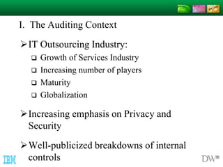 I. The Auditing Context 
IT Outsourcing Industry: 
 Growth of Services Industry 
 Increasing number of players 
 Maturity 
 Globalization 
Increasing emphasis on Privacy and 
Security 
Well-publicized breakdowns of internal 
controls 
 