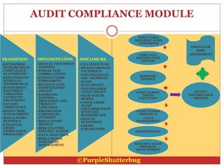 AUDIT COMPLIANCE MODULE
TRANSITION
•ENTERPRISE
HIERARCHICAL
COMPLIANCE
STATEMENTS
•RISK POCKETS
STIMULUS
WITHDRAWAL
•INVESTMENT
FOOTPRINT
VARIATION
CAUSED BY
DRAWDOWN
•VAT/GST
COMPLIANCE
•MODEL RISK
MANAGEMENT
•REGULATORY
REFORM S
•FINANCIAL
CRIME
COMPLIANCE
PROGRAMS
IMPLEMENTATION
•DIGITAL FOOTPRINT
MAPPING
•STRESS TEST
CORRELATIONS
•CONDUCT RISK
EMBEDMENT
•REVENUE LINE
COMPLEXITIES
IMPACT
•EMERGING
CONTROL ,
PROCESSES AND
PRODUCT
LIBRARIES
•PRIORITIZED
CORPORATE
INTEREST
•REGULATORY
MODELS
•RISK CULTURE
SPECIFIC AUDITS
•DATA ANALYTICS
•RISK CHANGE
PORTFOLIO
MANAGEMENT
DISCLOSURE
•CLO STRUCTURE
•MUTED GROWTH
FACTORALS
•NON-FINANCIAL
GRC MATRICES
•AUDIT
SCALABILITY
•NEW REGIMES
AUDIT IMPACT
•HIGH WATER
MARKS
•CYBER CRIME
AUDIT
COLLABORATION
WITH THE
BUSINESS MIX
•DIGITAL
ECONOMIES
•CREDIT
PARAMETERS
REBUTTABLE
BACKSTOP AUDIT
PROVISIONS
CORE DATA
ARCHITECTURE
CAPTURE
RESPONSE
METRICS
AUDIT MARKET
TREND
VALUATION
AUDIT TENDER
PROCESS &
VALUE
MANAGEMENT
INDEPENDENCE
DEEP DIVE AUDIT
PROGRAM
DEVELOPMENT
ENTITY
GOVERNANCE
PROFILE
©PurpleShutterbug
GRANULAR
RISK
ASSESSMENT
 
