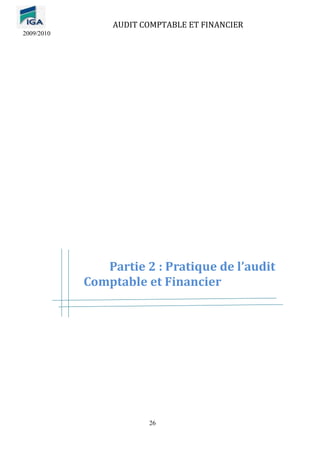 AUDIT COMPTABLE ET FINANCIER
2009/2010
26
Partie 2 : Pratique de l’audit
Comptable et Financier
 
