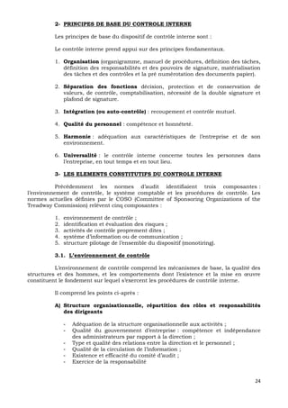 24
2- PRINCIPES DE BASE DU CONTROLE INTERNE
Les principes de base du dispositif de contrôle interne sont :
Le contrôle interne prend appui sur des principes fondamentaux.
1. Organisation (organigramme, manuel de procédures, définition des tâches,
définition des responsabilités et des pouvoirs de signature, matérialisation
des tâches et des contrôles et la pré numérotation des documents papier).
2. Séparation des fonctions décision, protection et de conservation de
valeurs, de contrôle, comptabilisation, nécessité de la double signature et
plafond de signature.
3. Intégration (ou auto-contrôle) : recoupement et contrôle mutuel.
4. Qualité du personnel : compétence et honnêteté.
5. Harmonie : adéquation aux caractéristiques de l’entreprise et de son
environnement.
6. Universalité : le contrôle interne concerne toutes les personnes dans
l’entreprise, en tout temps et en tout lieu.
3- LES ELEMENTS CONSTITUTIFS DU CONTROLE INTERNE
Précédemment les normes d’audit identifiaient trois composantes :
l’environnement de contrôle, le système comptable et les procédures de contrôle. Les
normes actuelles définies par le COSO (Committee of Sponsoring Organizations of the
Treadway Commission) relèvent cinq composantes :
1. environnement de contrôle ;
2. identification et évaluation des risques ;
3. activités de contrôle proprement dites ;
4. système d’information ou de communication ;
5. structure pilotage de l’ensemble du dispositif (monotiring).
3.1. L’environnement de contrôle
L’environnement de contrôle comprend les mécanismes de base, la qualité des
structures et des hommes, et les comportements dont l’existence et la mise en œuvre
constituent le fondement sur lequel s’exercent les procédures de contrôle interne.
Il comprend les points ci-après :
A) Structure organisationnelle, répartition des rôles et responsabilités
des dirigeants
- Adéquation de la structure organisationnelle aux activités ;
- Qualité du gouvernement d’entreprise : compétence et indépendance
des administrateurs par rapport à la direction ;
- Type et qualité des relations entre la direction et le personnel ;
- Qualité de la circulation de l’information ;
- Existence et efficacité du comité d’audit ;
- Exercice de la responsabilité
 