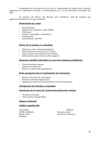 30
L’ensemble de ces projets est revu par le responsable du dossier qui consulte
également les spécialistes fiscaux, et informatiques etc., et qui formalise l’ensemble du
plan.
Le contenu du M.S.A. est discuté avec l’auditeur, chef de mission qui
approuve formellement le plan définitif.
Présentation du client
- Dénomination
- Registre du commerce, code INSAE
- Historique
- Activité : principale, secondaires
- Actionnariat
- Localisations, adresse
Nature de la mission et calendrier
- Opinions, avis et recommandations
- Date de fin des travaux sur le terrain
- Dates butoirs des réunions de synthèse
- Dates butoirs pour livraison des rapports
Domaines sensibles identifiés au cours des missions précédentes
- Fonctionnement interne
- Gestion des finances
- Nature et raison des ajustements
Faits marquants liés à l’exploitation de l’entreprise
- Secteur d’activité de l’entreprise
- Facteurs externes réglementés
- Opérations récentes de financement et d’investissement
Changement de principes comptables
Conclusion de la revue de l’information financière récente
- Tendances lourdes
- Transactions inhabituelles
Risques inhérents
Chiffres significatifs
Total bilan Effectif
Chiffre d’affaires Situation nette
Marge brute Fonds de roulement
Résultat
 