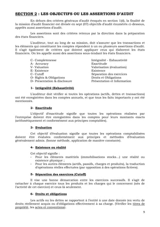9
SECTION 2 : LES OBJECTIFS OU LES ASSERTIONS D’AUDIT
En dehors des critères généraux d’audit évoqués en section 1(d), la finalité de
la mission d’audit financier est divisée en sept (07) objectifs d’audit énumérés ci-dessous,
appelés aussi assertions d’audit.
Les assertions sont des critères retenus par la direction dans la préparation
des états financiers.
L’auditeur, tout au long de sa mission, doit s’assurer que les transactions et
les éléments qui constituent les comptes répondent à un ou plusieurs assertions d’audit.
Il s’agit également de critères que doivent appliquer ceux qui élaborent les états
financiers. On les appelle aussi des assertions sous-tendant les états financiers.
C- Completenesse Intégralité - Exhaustivité
A- Accuracy Exactitude
V- Valuation Valorisation (évaluation)
E- Existence Existence
C- Cutoff Séparation des exercices
O- Rights & Obligations Droits et Obligations
D- Presentation & disclosure Présentation et Information
1- Intégralité (Exhaustivité)
L’auditeur doit vérifier si toutes les opérations (actifs, dettes et transactions)
ont été enregistrées dans les comptes annuels, et que tous les faits importants y ont été
mentionnés.
2- Exactitude
L’objectif d’exactitude signifie que toutes les opérations réalisées par
l’entreprise doivent être enregistrées dans les comptes pour leurs montants exacts
(arithmétiquement et conformément aux principes comptables).
3- Evaluation
Cet objectif d’évaluation signifie que toutes les opérations comptabilisées
doivent être évaluées conformément aux principes et méthodes d’évaluation
généralement admis. (bonne méthode, application de manière constante).
4- Existence ou réalité
Cet objectif signifie :
- Pour les éléments matériels (immobilisations stocks…) une réalité ou
existence physique ;
- Pour les autres éléments (actifs, passifs, charges et produits), la traduction
d’opérations réelles effectuées (par opposition à des opérations fictives).
5- Séparation des exercices (Cutoff)
Il vise une bonne démarcation entre les exercices successifs. Il s’agit de
rattacher à chaque exercice tous les produits et les charges qui le concernent (nés de
l’activité de cet exercice) et ceux-là seulement.
6- Droits et obligations
Les actifs ou les dettes se rapportent à l’entité à une date donnée (en vertu de
droits réellement acquis ou d’obligations effectivement à sa charge. (Vérifier les titres de
propriété, les actes et conventions).
 
