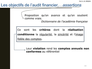 103
Les objectifs de l’audit financier,…assertions
Prof. K. EL MENZHI
Ce sont les critères dont la réalisation
conditionne la régularité, la sincérité et l’image
fidèle des comptes.
Proposition qu’on avance et qu’on soutient
comme vraie.
Dictionnaire de l’académie française
Leur violation rend les comptes annuels non
conformes au référentiel
 
