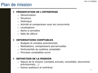 119
Prof. K. EL MENZHI
Plan de mission
 PRESENTATION DE L’ENTREPRISE
o Dénomination
o Structure
o Historique
o Activité et comparaison avec les concurrents
o Localisations
o Noms à connaître
o Date de clôture
 INFORMATIONS COMPTABLES
o Budgets et comptes prévisionnels
o Réalisations, comparaisons pluriannuelles
o Particularités du système comptable
o Principes comptables suivis
 DEFINITION DE LA MISSION
o Nature de la mission (comptes annuels, consolidés, documents
prévisionnels,….)
o Autres auditeurs et confrères
 
