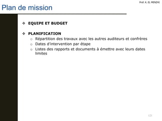 121
Prof. K. EL MENZHI
Plan de mission
 EQUIPE ET BUDGET
 PLANIFICATION
o Répartition des travaux avec les autres auditeurs et confrères
o Dates d’intervention par étape
o Listes des rapports et documents à émettre avec leurs dates
limites
 