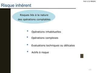 133
Risque inhérent
Prof. K. EL MENZHI
Risques liés à la nature
des opérations comptables
• Opérations inhabituelles
• Opérations complexes
• Evaluations techniques ou délicates
• Actifs à risque
 