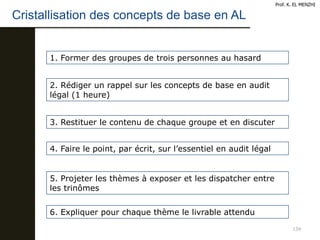 139
Cristallisation des concepts de base en AL
Prof. K. EL MENZHI
1. Former des groupes de trois personnes au hasard
2. Rédiger un rappel sur les concepts de base en audit
légal (1 heure)
3. Restituer le contenu de chaque groupe et en discuter
4. Faire le point, par écrit, sur l’essentiel en audit légal
5. Projeter les thèmes à exposer et les dispatcher entre
les trinômes
6. Expliquer pour chaque thème le livrable attendu
 
