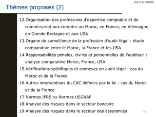 142
Thèmes proposés (2)
Prof. K. EL MENZHI
12.Organisation des professions d’expertise comptable et de
commissariat aux comptes au Maroc, en France, en Allemagne,
en Grande Bretagne et aux USA
13.Organe de surveillance de la profession d’audit légal : étude
comparative entre le Maroc, la France et les USA
14.Responsabilités pénales, civiles et personnelles de l’auditeur :
analyse comparative Maroc, France, USA
15.Vérifications spécifiques et connexes en audit légal : cas du
Maroc et de la France
16.Autres interventions du CAC définies par la loi : cas du Maroc
et de la France
17.Normes IFRS vs Normes USGAAP
18.Analyse des risques dans le secteur bancaire
19.Analyse des risques dans le secteur des assurances
 