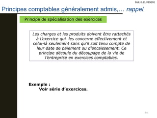 64
Principes comptables généralement admis,… rappel
Prof. K. EL MENZHI
Principe de spécialisation des exercices
Les charges et les produits doivent être rattachés
à l’exercice qui les concerne effectivement et
celui-là seulement sans qu’il soit tenu compte de
leur date de paiement ou d’encaissement. Ce
principe découle du découpage de la vie de
l’entreprise en exercices comptables.
Exemple :
Voir série d’exercices.
 