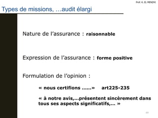 69
Types de missions, …audit élargi
Prof. K. EL MENZHI
Nature de l’assurance : raisonnable
Expression de l’assurance : forme positive
Formulation de l’opinion :
« nous certifions ......» art225-235
« à notre avis,…présentent sincèrement dans
tous ses aspects significatifs,… »
 