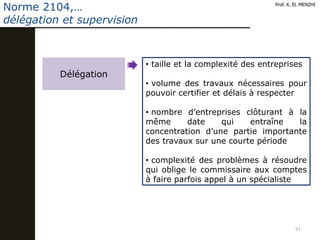 91
Prof. K. EL MENZHI
Norme 2104,…
délégation et supervision
Délégation
• taille et la complexité des entreprises
• volume des travaux nécessaires pour
pouvoir certifier et délais à respecter
• nombre d’entreprises clôturant à la
même date qui entraîne la
concentration d’une partie importante
des travaux sur une courte période
• complexité des problèmes à résoudre
qui oblige le commissaire aux comptes
à faire parfois appel à un spécialiste
 
