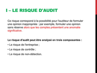 I – LE RISQUE D'AUDIT
Ce risque correspond à la possibilité pour l'auditeur de formuler
une opinion inappropriée : par exemple, formuler une opinion
sans réserve alors que les comptes présentent une anomalie
significative.
Le risque d'audit peut être analysé en trois composantes :
• Le risque de l'entreprise ;
• Le risque de contrôle ;
• Le risque de non-détection.
 