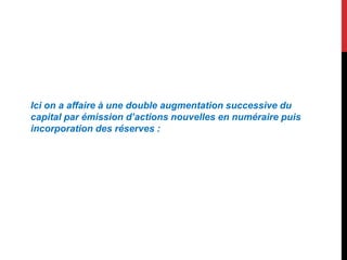 Ici on a affaire à une double augmentation successive du
capital par émission d’actions nouvelles en numéraire puis
incorporation des réserves :
 