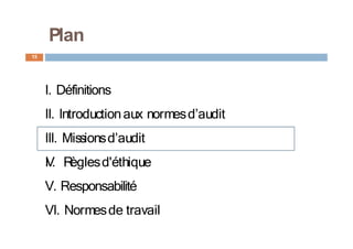 I. Définitions
II. Introductionaux normesd’audit
III. Missionsd’audit
I
V
. R
èglesd'éthique
V. Responsabilité
VI. Normesde travail
15
Plan
 