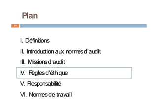 I. Définitions
II. Introductionaux normesd’audit
III. Missionsd’audit
I
V
. R
èglesd'éthique
V. Responsabilité
VI. Normesde travail
24
Plan
 