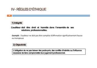 IV- RÈGLESD'ÉTHIQUE
26
1) Intégrité
L
’auditeur doit être droit et honnête dans l'ensemble de ses
relations professionnelles.
2) Objectivité
L’obligationde ne pas laisser des partis-pris, des conflits d’intérêts ou l'influence
excessive de tiers compromettre leur jugement professionnel.
Exemple : l’auditeur ne doit pas être complice d’affirmation significativement fausse
ou trompeuse
 
