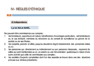 IV- RÈGLESD'ÉTHIQUE
29
4) Indépendance
La loi SA et SARL
Ne peuvent être commissaires aux comptes :
1. les fondateurs, apporteurs ennature, bénéficiaires d’avantages particuliers, administrateurs
ou, le cas échéant, membres du directoire ou du conseil de surveillance ou gérant de la
société ou de ses filiales ;
2. les conjoints, parents et alliés, jusqu’au deuxième degré inclusivement, des personnesvisées
au a) ;
3. les personnes qui, directement ou indirectement ou par personne interposée, reçoivent de
celles qui sont mentionnées au a), unsalaire ou une rémunération quelconque à raison d’une
autre activité que celle de commissaire aux comptes ;
4. les sociétés d’experts comptables dont l’un des associés se trouve dans une des situations
prévuesaux alinéasprécédents;
 