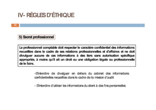 IV- RÈGLESD'ÉTHIQUE
33
5) Secret professionnel
Le professionnel comptable doit respecter le caractère confidentiel des informations
recueillies dans le cadre de ses relations professionnelles et d'affaires et ne doit
divulguer aucune de ces informations à des tiers sans autorisation spécifique
appropriée, à moins qu'il ait un droit ou une obligation légale ou professionnelle
de le faire.
-S'interdire de divulguer en dehors du cabinet des informations
confidentielles recueillies dansle cadre de la mission d’audit
- S'interdire d’utiliser les informationsdu client à des finspersonnelles
 