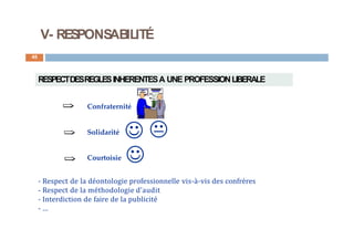 V- RESPONSABILITÉ
45
RESPECTDESREGLESINHERENTESA UNE PROFESSIONLIBERALE
Confraternité
Solidarité
 
Courtoisie 
- Respect de la déontologie professionnelle vis-à-vis des confrères
- Respect de la méthodologie d’audit
- Interdiction de faire de la publicité
- …
 