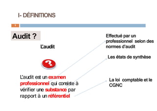 I- DÉFINITIONS
5
L
’audit
Audit ? Effectué par un
professionnel selon des
normes d’audit
L'audit est un examen
professionnel qui consiste à
vérifier une substance par
rapport à un référentiel
Les états de synthèse
La loi comptable et le
CGNC
 