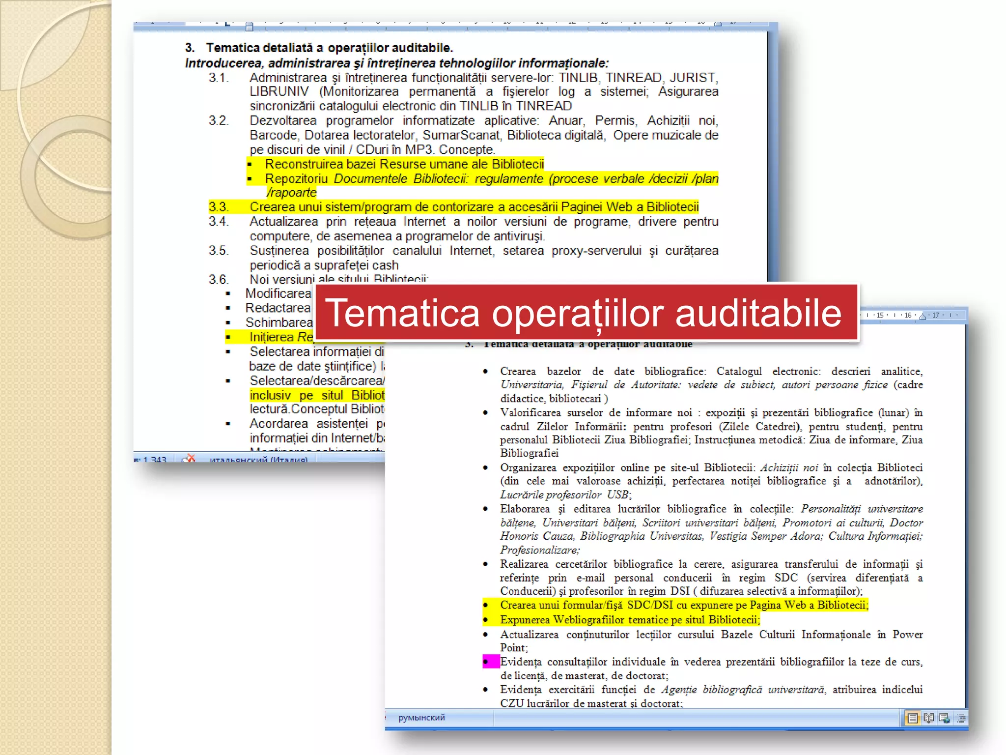 Tematica operaţiilor auditabile
 