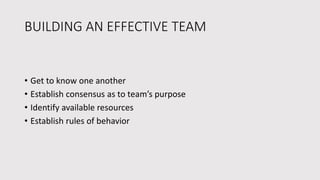 BUILDING AN EFFECTIVE TEAM
• Get to know one another
• Establish consensus as to team’s purpose
• Identify available resources
• Establish rules of behavior
 